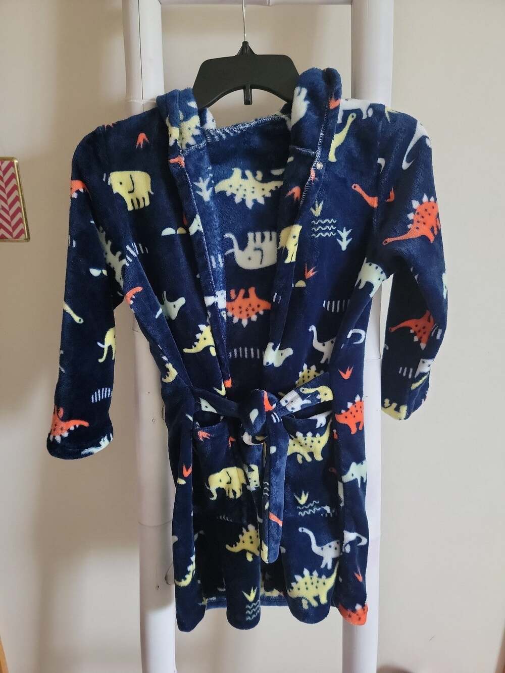 Kids Navy Blue Soft Fleece Dinosaur Hooded Bathrobe Sz 8-9